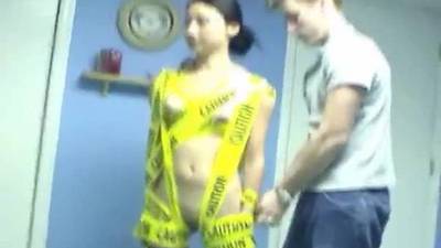 Skinny brunette asian gets wrapped in plastic and toyed